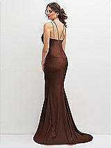 Rear View Thumbnail - Cognac Halter Asymmetrical Draped Stretch Satin Mermaid Dress with Rhinestone Straps