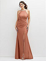 Front View Thumbnail - Copper Penny Halter Asymmetrical Draped Stretch Satin Mermaid Dress with Rhinestone Straps