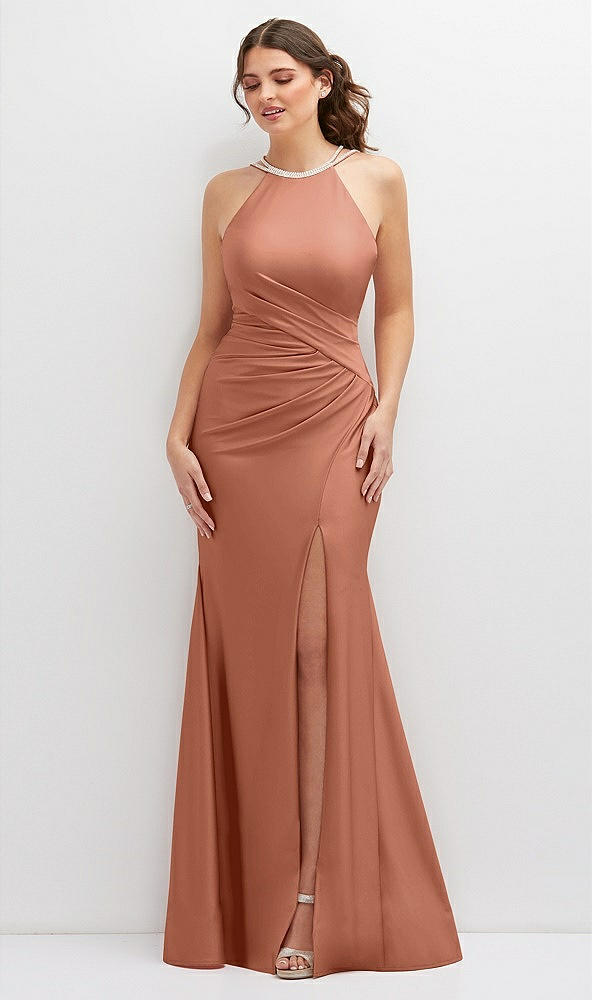 Front View - Copper Penny Halter Asymmetrical Draped Stretch Satin Mermaid Dress with Rhinestone Straps