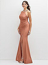 Side View Thumbnail - Copper Penny Halter Asymmetrical Draped Stretch Satin Mermaid Dress with Rhinestone Straps