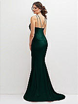 Rear View Thumbnail - Evergreen Halter Asymmetrical Draped Stretch Satin Mermaid Dress with Rhinestone Straps