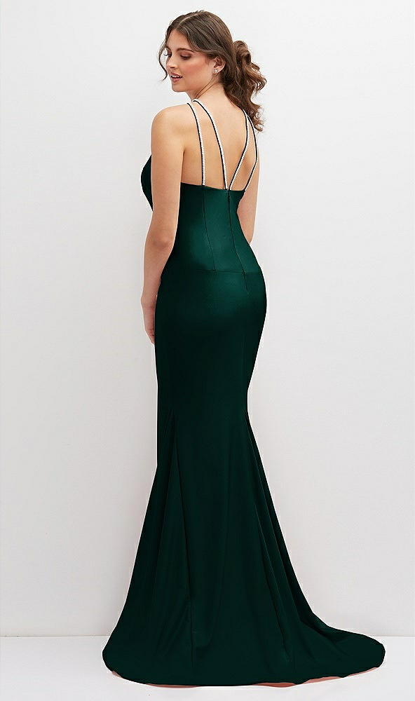 Back View - Evergreen Halter Asymmetrical Draped Stretch Satin Mermaid Dress with Rhinestone Straps