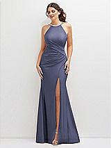 Front View Thumbnail - French Blue Halter Asymmetrical Draped Stretch Satin Mermaid Dress with Rhinestone Straps
