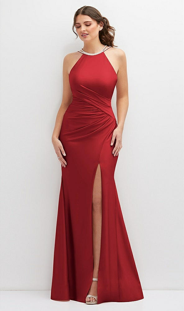 Front View - Poppy Red Halter Asymmetrical Draped Stretch Satin Mermaid Dress with Rhinestone Straps