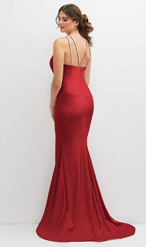 Back View - Poppy Red Halter Asymmetrical Draped Stretch Satin Mermaid Dress with Rhinestone Straps