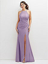 Front View Thumbnail - Pale Purple Halter Asymmetrical Draped Stretch Satin Mermaid Dress with Rhinestone Straps
