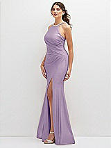 Side View Thumbnail - Pale Purple Halter Asymmetrical Draped Stretch Satin Mermaid Dress with Rhinestone Straps