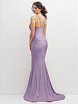 Rear View Thumbnail - Pale Purple Halter Asymmetrical Draped Stretch Satin Mermaid Dress with Rhinestone Straps
