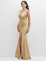 Side View Thumbnail - Soft Gold Halter Asymmetrical Draped Stretch Satin Mermaid Dress with Rhinestone Straps