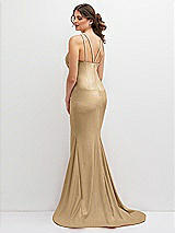 Rear View Thumbnail - Soft Gold Halter Asymmetrical Draped Stretch Satin Mermaid Dress with Rhinestone Straps
