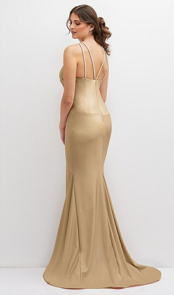 Back View - Soft Gold Halter Asymmetrical Draped Stretch Satin Mermaid Dress with Rhinestone Straps
