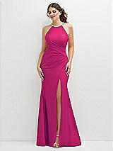 Front View Thumbnail - Think Pink Halter Asymmetrical Draped Stretch Satin Mermaid Dress with Rhinestone Straps