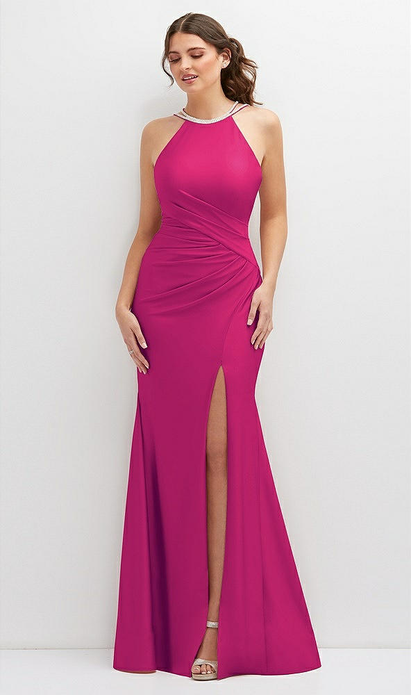 Front View - Think Pink Halter Asymmetrical Draped Stretch Satin Mermaid Dress with Rhinestone Straps