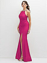 Side View Thumbnail - Think Pink Halter Asymmetrical Draped Stretch Satin Mermaid Dress with Rhinestone Straps