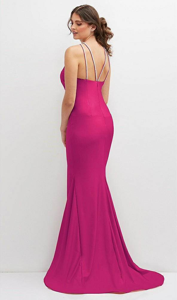 Back View - Think Pink Halter Asymmetrical Draped Stretch Satin Mermaid Dress with Rhinestone Straps