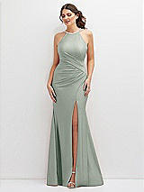 Front View Thumbnail - Willow Green Halter Asymmetrical Draped Stretch Satin Mermaid Dress with Rhinestone Straps