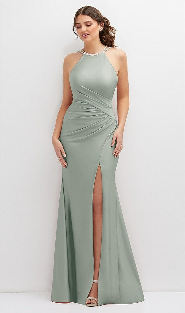 Front View - Willow Green Halter Asymmetrical Draped Stretch Satin Mermaid Dress with Rhinestone Straps