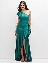 Front View Thumbnail - Peacock Teal One-Shoulder Stretch Satin Mermaid Dress with Cascade Ruffle Flamenco Skirt