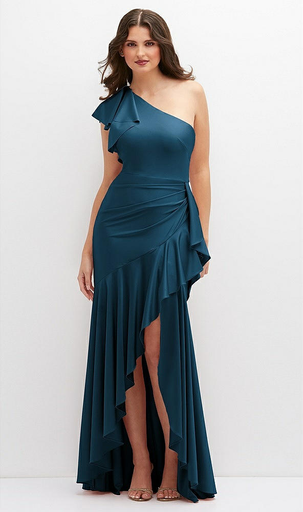Front View - Atlantic Blue One-Shoulder Stretch Satin Mermaid Dress with Cascade Ruffle Flamenco Skirt