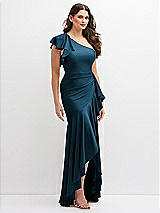 Side View Thumbnail - Atlantic Blue One-Shoulder Stretch Satin Mermaid Dress with Cascade Ruffle Flamenco Skirt
