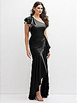 Side View Thumbnail - Black One-Shoulder Stretch Satin Mermaid Dress with Cascade Ruffle Flamenco Skirt