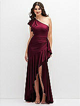 Front View Thumbnail - Cabernet One-Shoulder Stretch Satin Mermaid Dress with Cascade Ruffle Flamenco Skirt