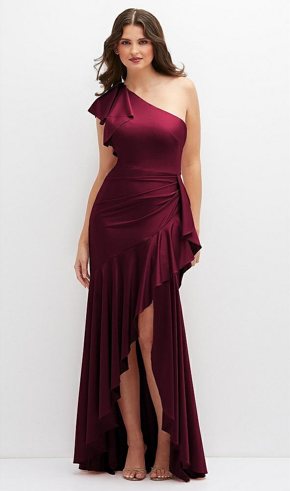 Front View - Cabernet One-Shoulder Stretch Satin Mermaid Dress with Cascade Ruffle Flamenco Skirt