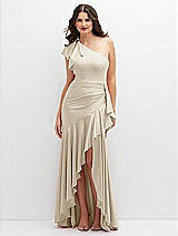 Front View Thumbnail - Champagne One-Shoulder Stretch Satin Mermaid Dress with Cascade Ruffle Flamenco Skirt