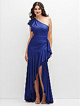 Front View Thumbnail - Cobalt Blue One-Shoulder Stretch Satin Mermaid Dress with Cascade Ruffle Flamenco Skirt