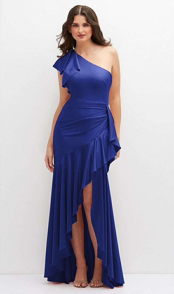 Front View - Cobalt Blue One-Shoulder Stretch Satin Mermaid Dress with Cascade Ruffle Flamenco Skirt