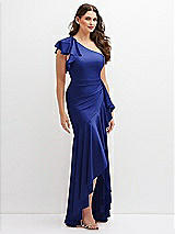 Side View Thumbnail - Cobalt Blue One-Shoulder Stretch Satin Mermaid Dress with Cascade Ruffle Flamenco Skirt