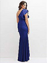 Rear View Thumbnail - Cobalt Blue One-Shoulder Stretch Satin Mermaid Dress with Cascade Ruffle Flamenco Skirt