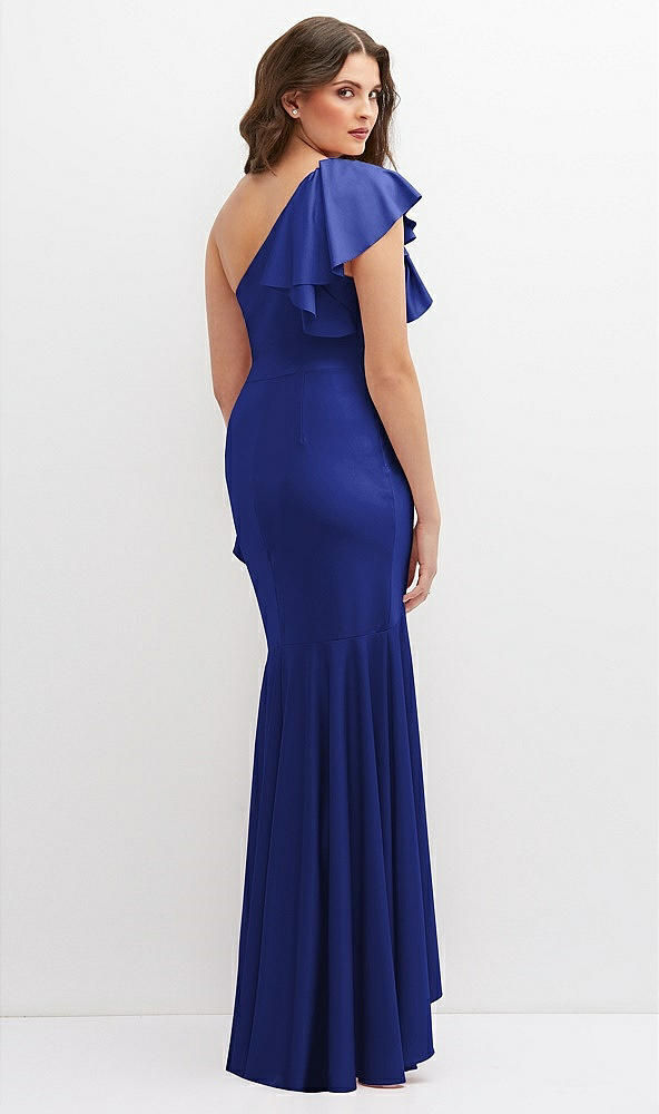 Back View - Cobalt Blue One-Shoulder Stretch Satin Mermaid Dress with Cascade Ruffle Flamenco Skirt