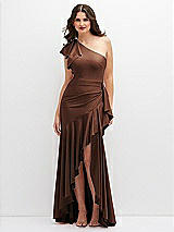 Front View Thumbnail - Cognac One-Shoulder Stretch Satin Mermaid Dress with Cascade Ruffle Flamenco Skirt