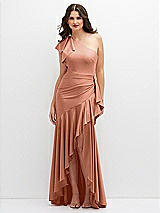 Front View Thumbnail - Copper Penny One-Shoulder Stretch Satin Mermaid Dress with Cascade Ruffle Flamenco Skirt