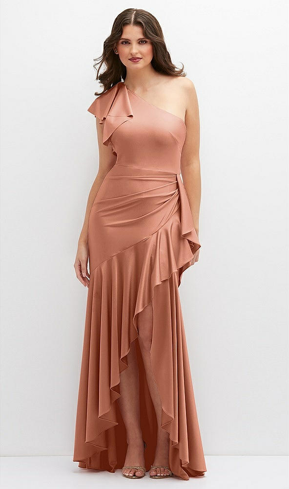 Front View - Copper Penny One-Shoulder Stretch Satin Mermaid Dress with Cascade Ruffle Flamenco Skirt