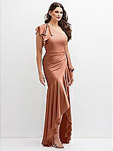 Side View Thumbnail - Copper Penny One-Shoulder Stretch Satin Mermaid Dress with Cascade Ruffle Flamenco Skirt