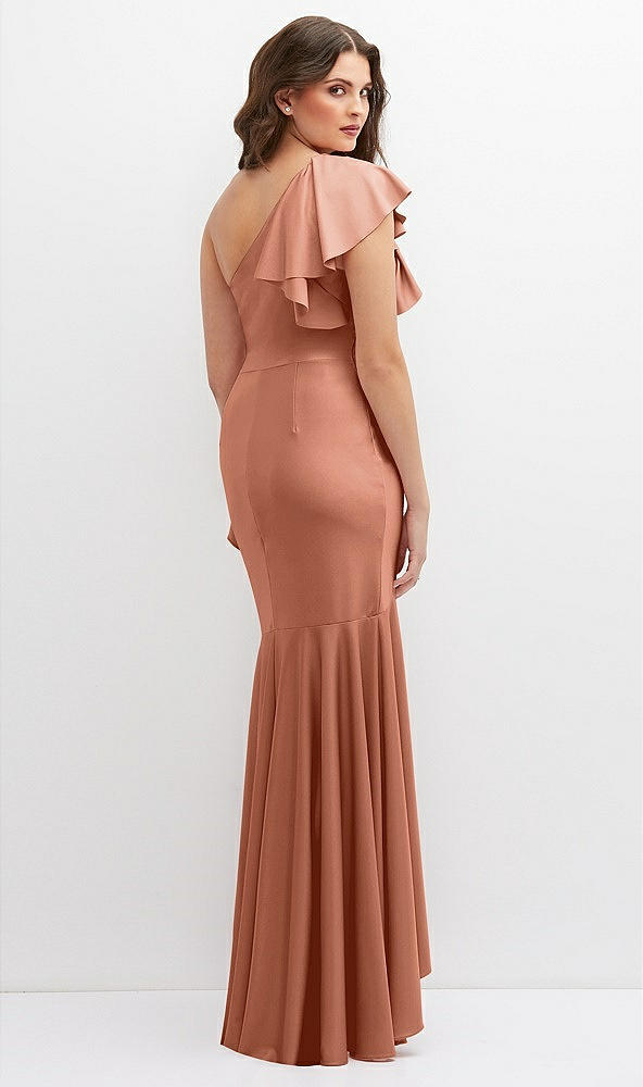 Back View - Copper Penny One-Shoulder Stretch Satin Mermaid Dress with Cascade Ruffle Flamenco Skirt
