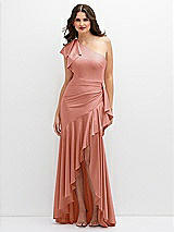 Front View Thumbnail - Desert Rose One-Shoulder Stretch Satin Mermaid Dress with Cascade Ruffle Flamenco Skirt