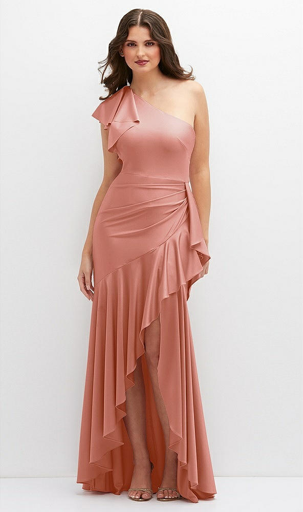 Front View - Desert Rose One-Shoulder Stretch Satin Mermaid Dress with Cascade Ruffle Flamenco Skirt
