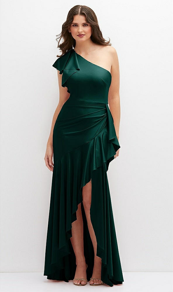 Front View - Evergreen One-Shoulder Stretch Satin Mermaid Dress with Cascade Ruffle Flamenco Skirt