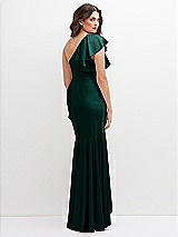 Rear View Thumbnail - Evergreen One-Shoulder Stretch Satin Mermaid Dress with Cascade Ruffle Flamenco Skirt