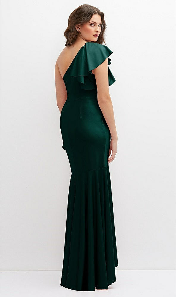 Back View - Evergreen One-Shoulder Stretch Satin Mermaid Dress with Cascade Ruffle Flamenco Skirt