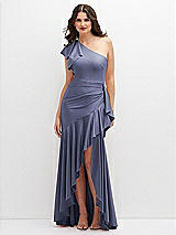 Front View Thumbnail - French Blue One-Shoulder Stretch Satin Mermaid Dress with Cascade Ruffle Flamenco Skirt