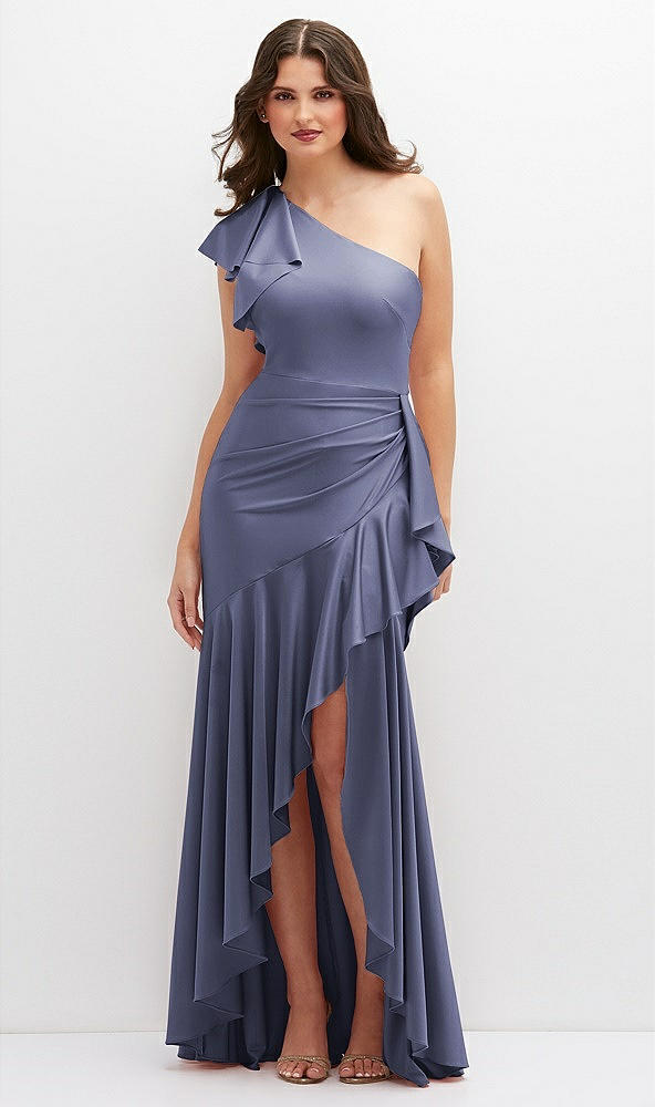 Front View - French Blue One-Shoulder Stretch Satin Mermaid Dress with Cascade Ruffle Flamenco Skirt