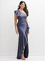 Side View Thumbnail - French Blue One-Shoulder Stretch Satin Mermaid Dress with Cascade Ruffle Flamenco Skirt