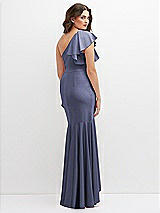 Rear View Thumbnail - French Blue One-Shoulder Stretch Satin Mermaid Dress with Cascade Ruffle Flamenco Skirt