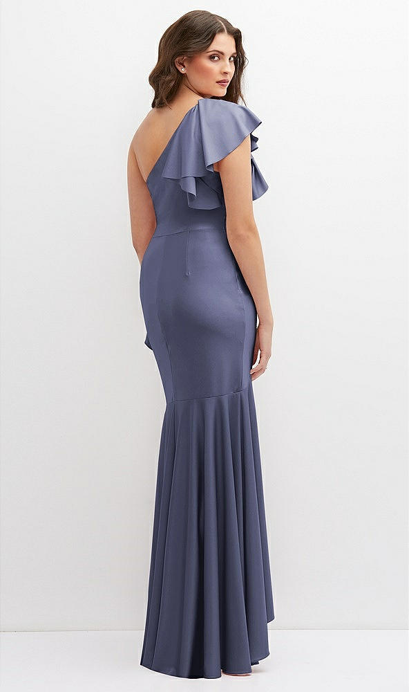 Back View - French Blue One-Shoulder Stretch Satin Mermaid Dress with Cascade Ruffle Flamenco Skirt