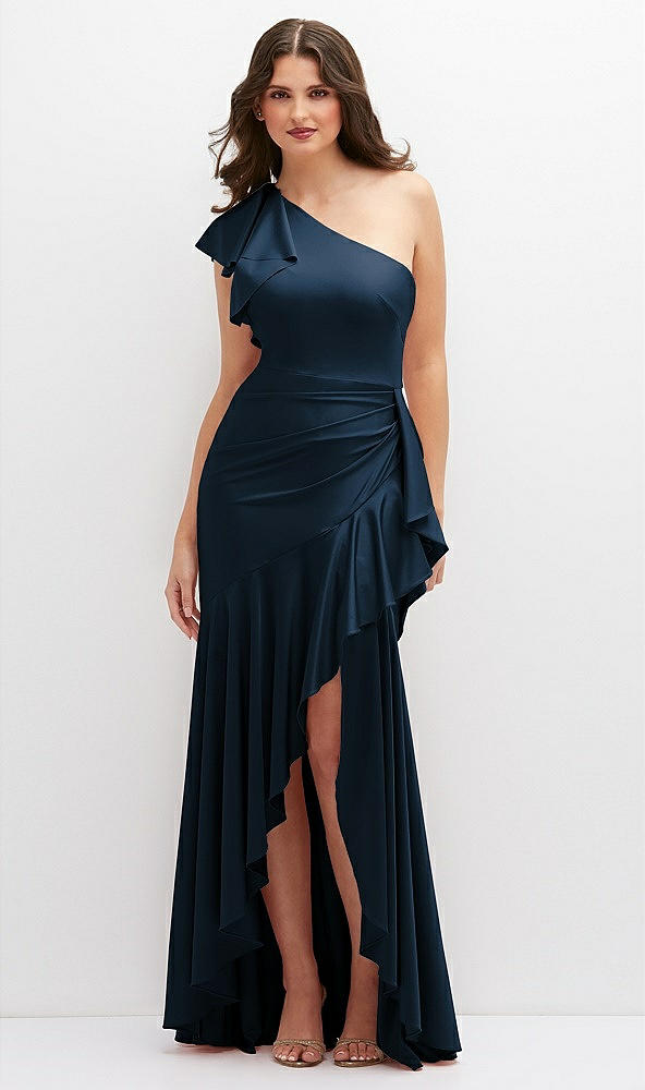 Front View - Midnight Navy One-Shoulder Stretch Satin Mermaid Dress with Cascade Ruffle Flamenco Skirt