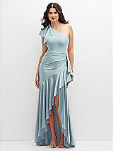 Front View Thumbnail - Mist One-Shoulder Stretch Satin Mermaid Dress with Cascade Ruffle Flamenco Skirt
